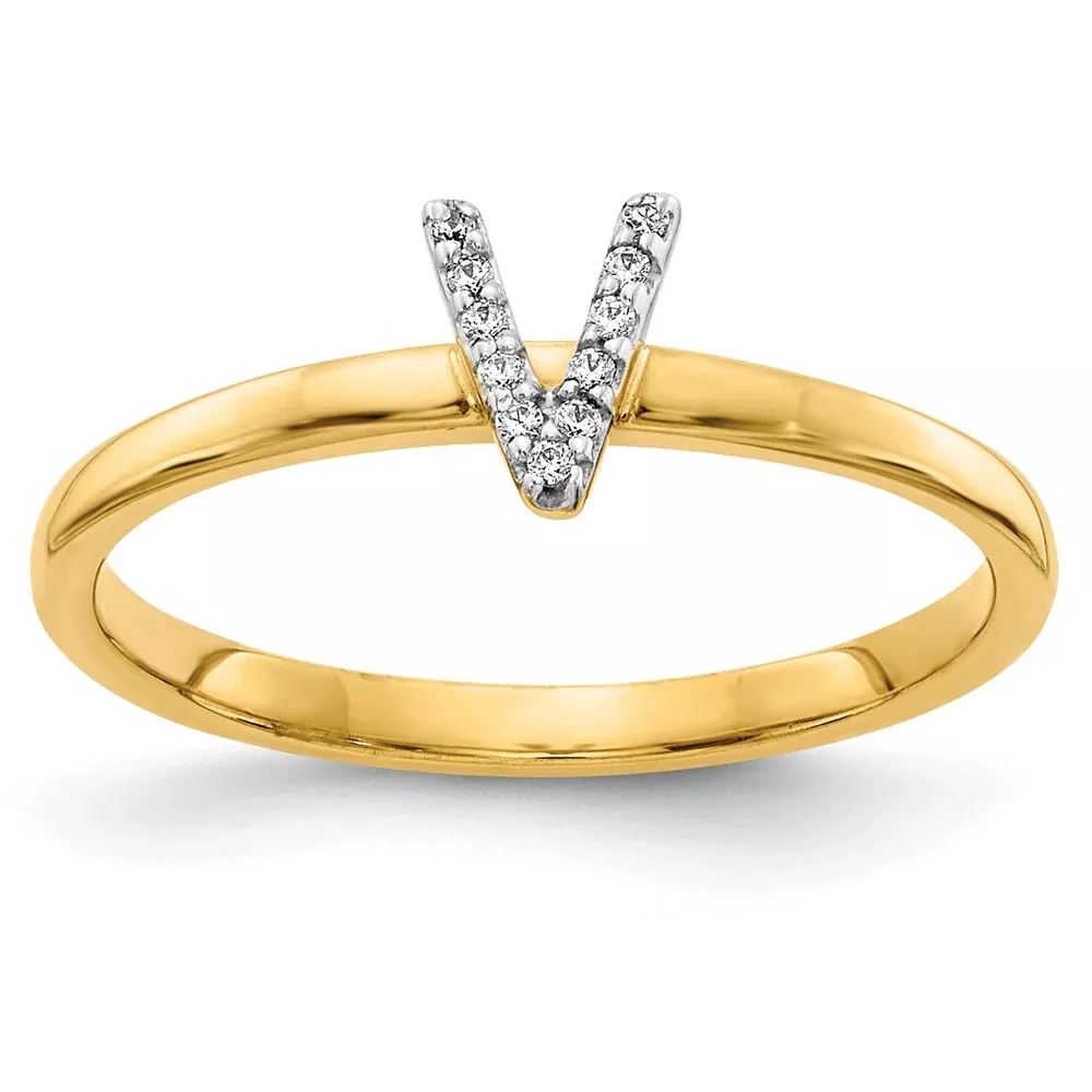 14k Yellow Gold Real Diamond Initial V Ring