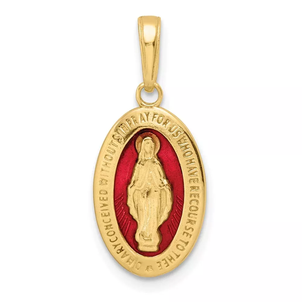 14k Yellow Gold Red Enameled Miraculous Medal Pendant