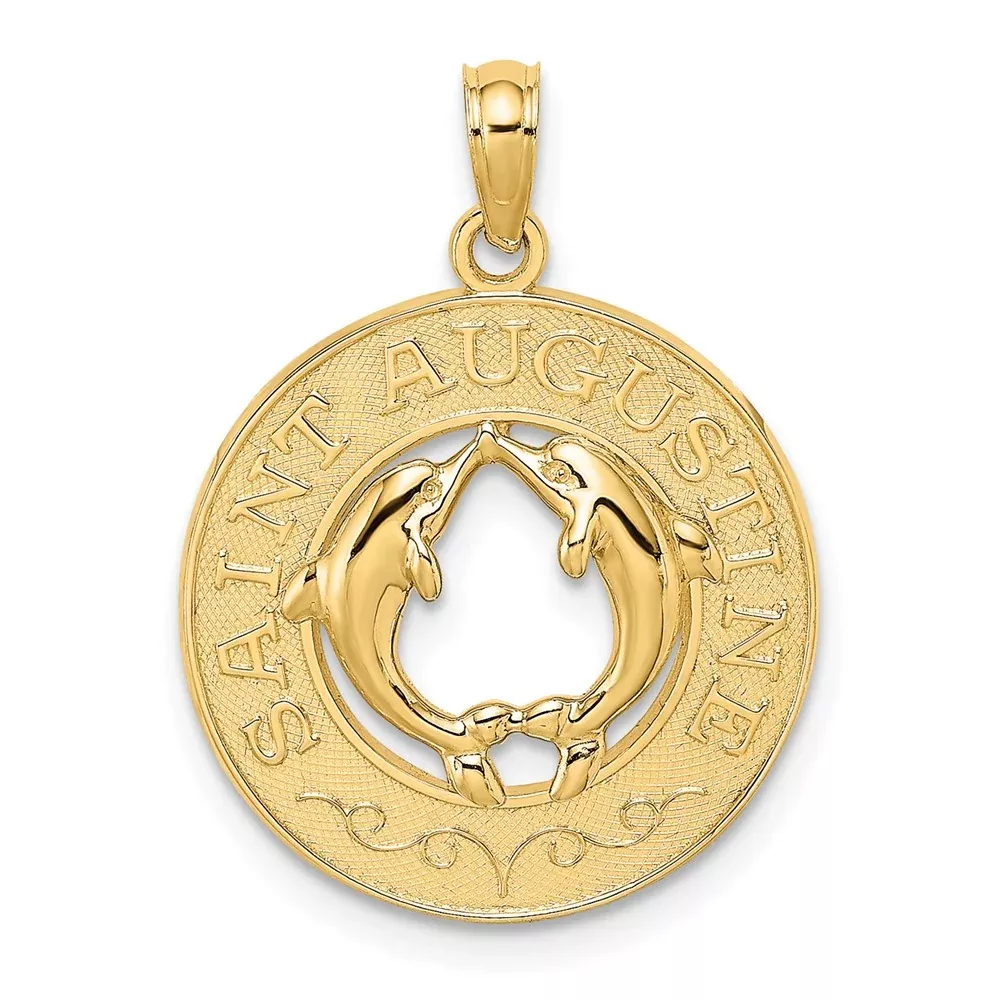 14k Yellow Gold SAINT AUGUSTINE w /Dolphins Circle Charm