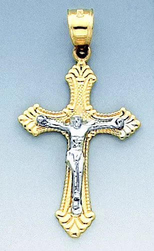 14k Yellow Gold Two Color Crucifixion Pendant 38.5mm Tall.
