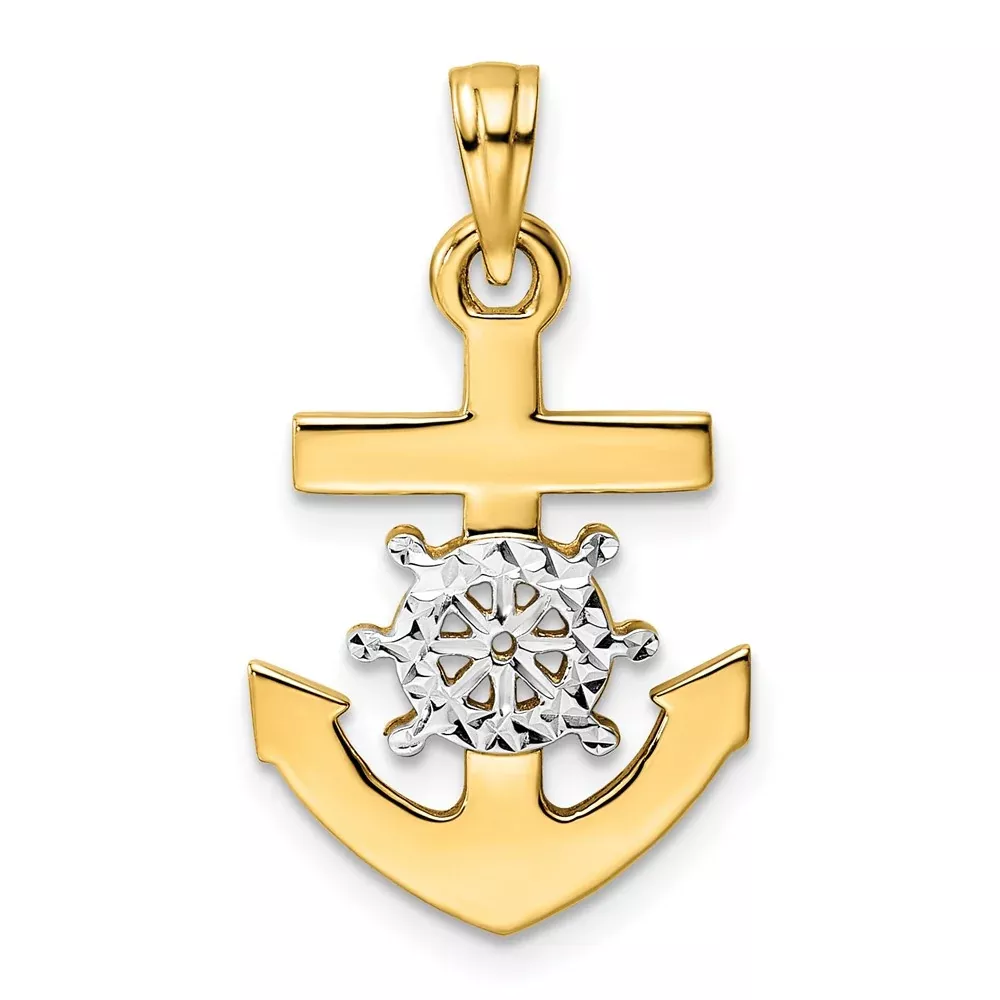 14k Yellow & Rhodium Gold /White Rhodium D /C Anchor and Ship's Wheel Pendant