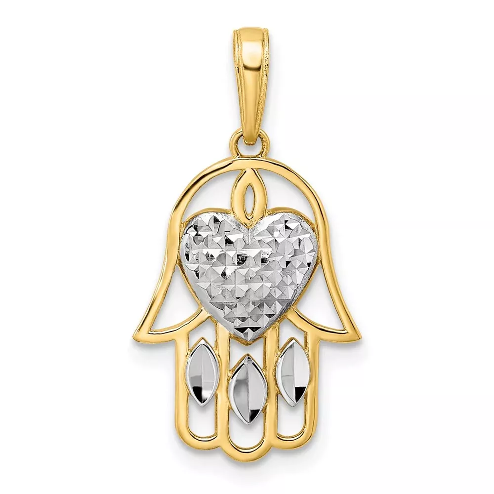 14k Yellow & Rhodium Gold & White Rhodium D /C Heart Hamsa Pendant