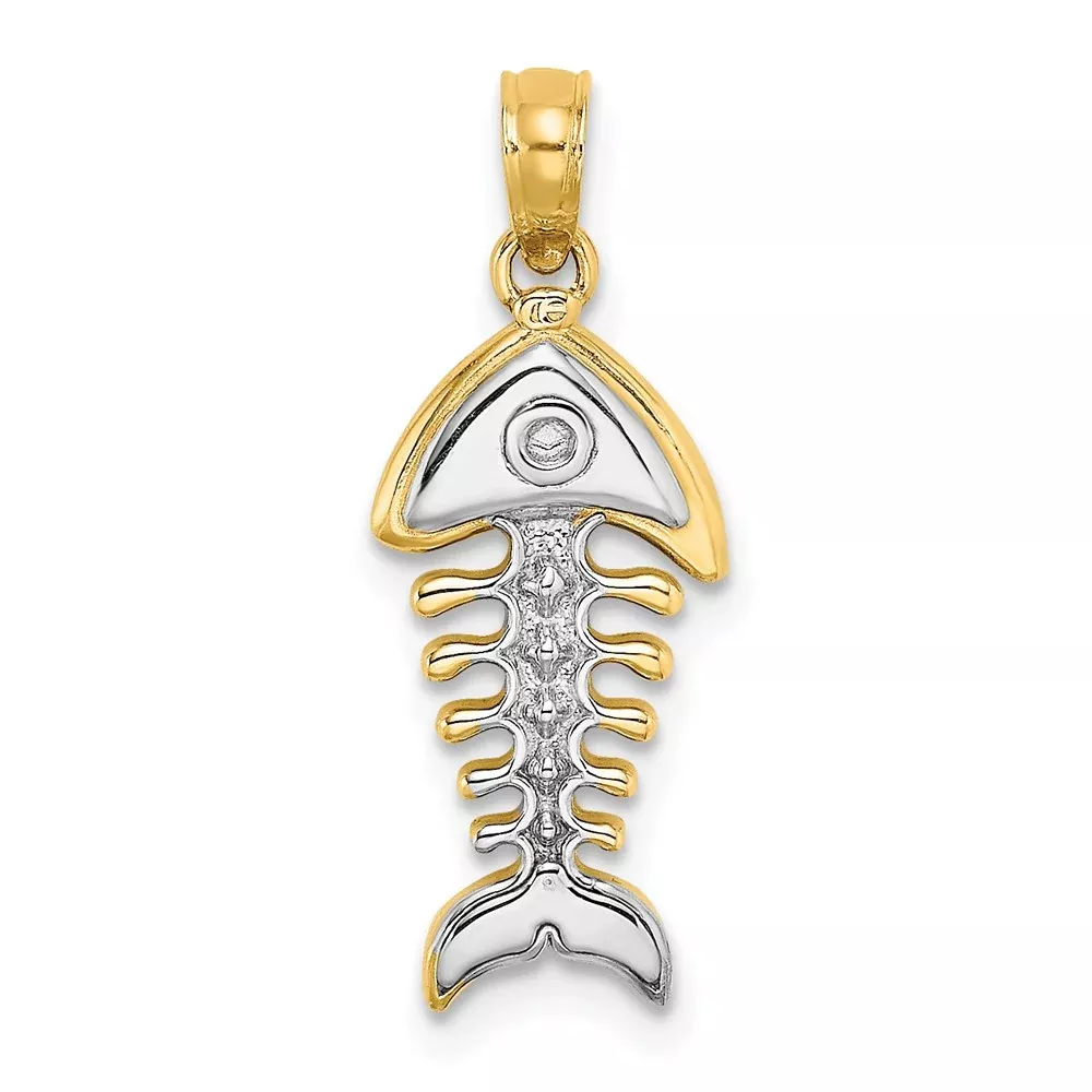 14k Yellow u0026 Rhodium Gold w /Rhodium 3-D Fishbone Charm