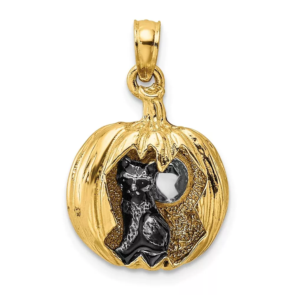 14k Yellow u0026 Rhodium Gold w /Rhodium 3-D Jack-o-Lantern w /Enameled Black Cat and Moon Charm