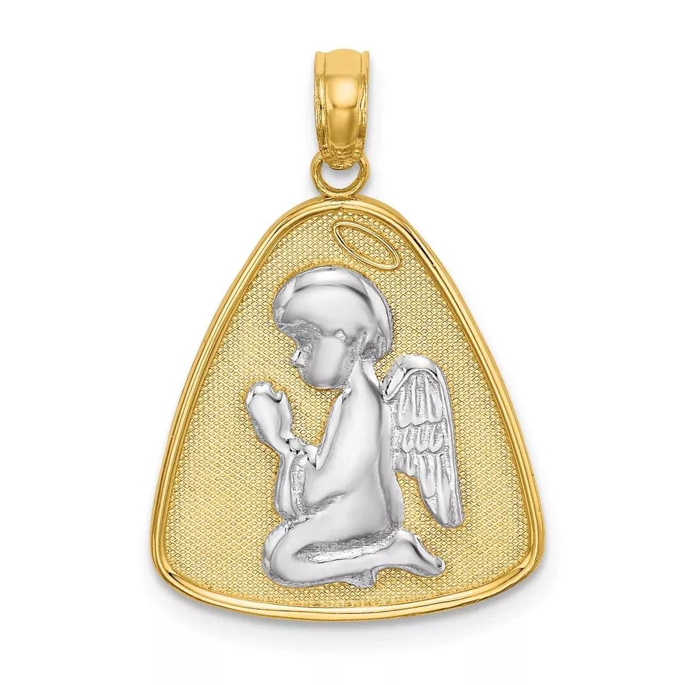 14k Yellow u0026 Rhodium Gold w /Rhodium Angel Praying w /Halo On Triangle Disc