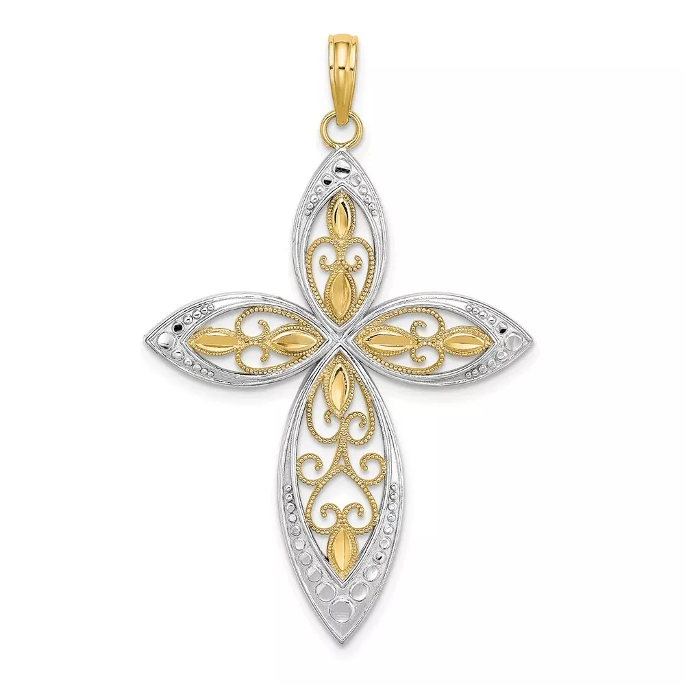 14k Yellow u0026 Rhodium Gold W / Rhodium Beaded Filigree Cross Charm