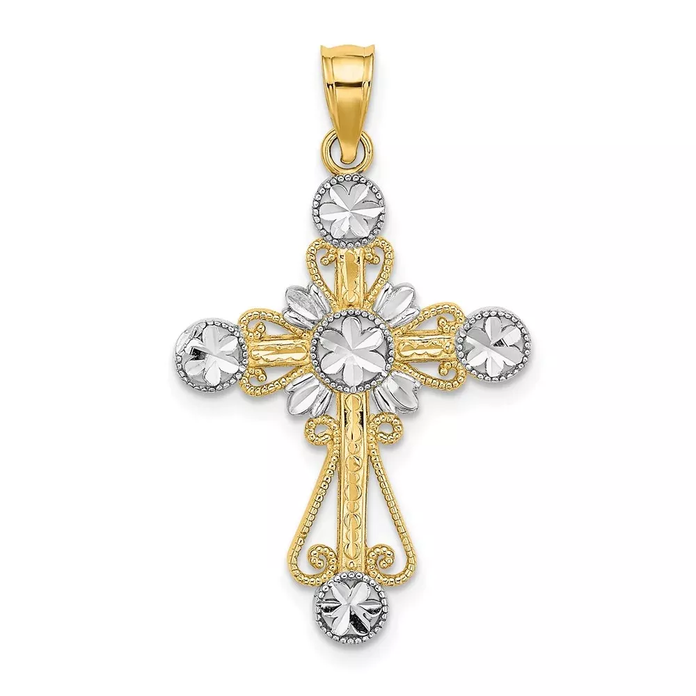 14k Yellow u0026 Rhodium Gold W / Rhodium D /C Flower Design Cross Charm
