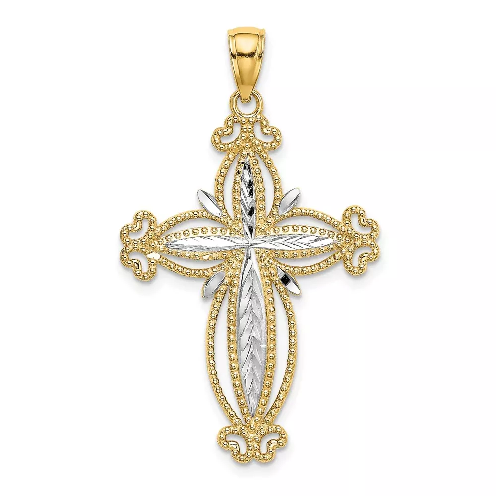 14k Yellow u0026 Rhodium Gold W / Rhodium D /C Puffed Cross Charm