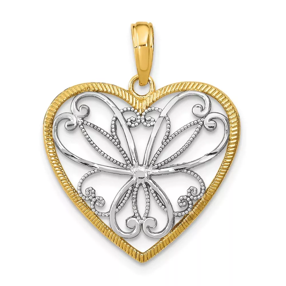 14k Yellow u0026 Rhodium Gold w /Rhodium Filigree Heart Charm