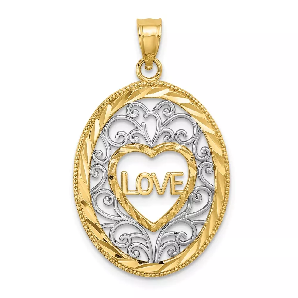14k Yellow u0026 Rhodium Gold w /Rhodium LOVE Filigree Accent Oval Charm