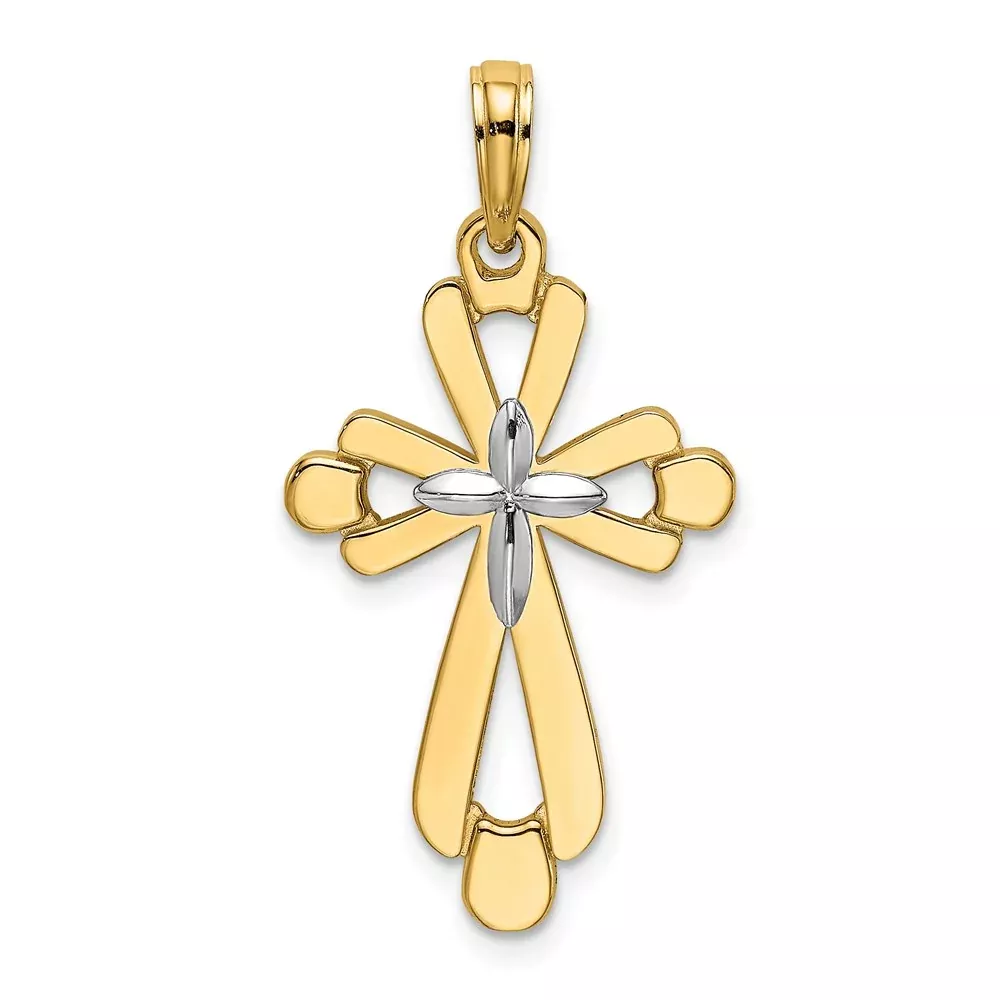 14k Yellow u0026 Rhodium Gold W / Rhodium Polished Fancy Cross Charm