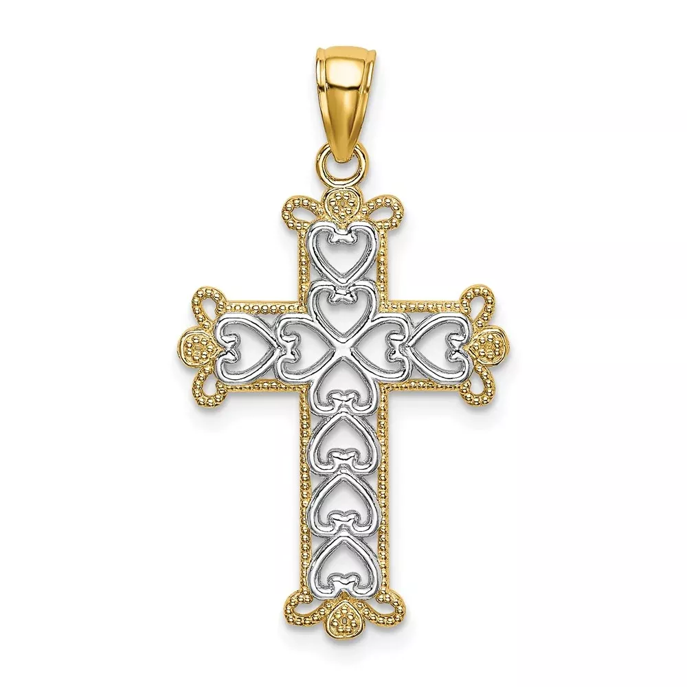 14k Yellow u0026 Rhodium Gold w /Rhodium Polished and Textured Beaded Cross Charm