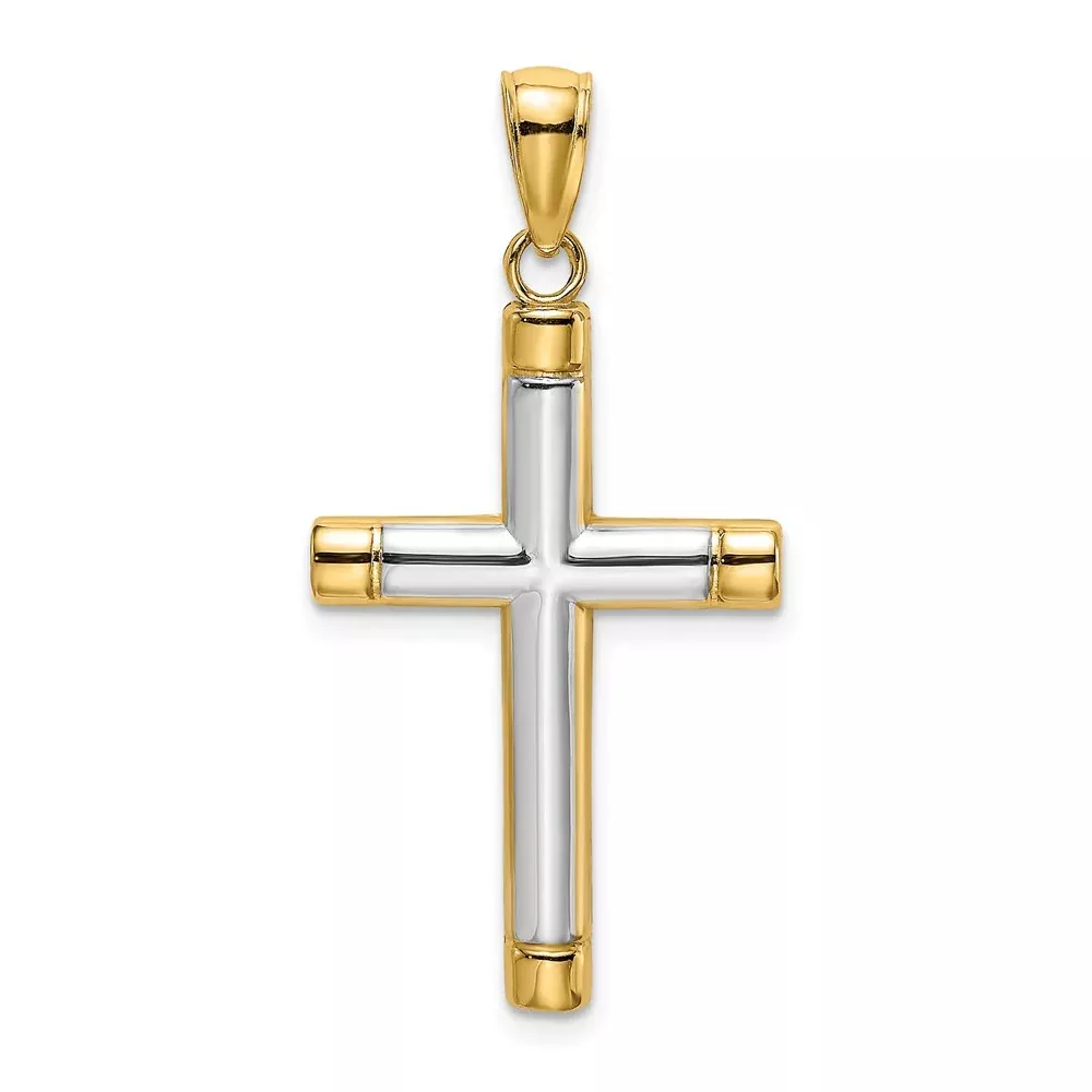 14k Yellow u0026 Rhodium Gold W / Rhodium Polished Tubular Cross Charm