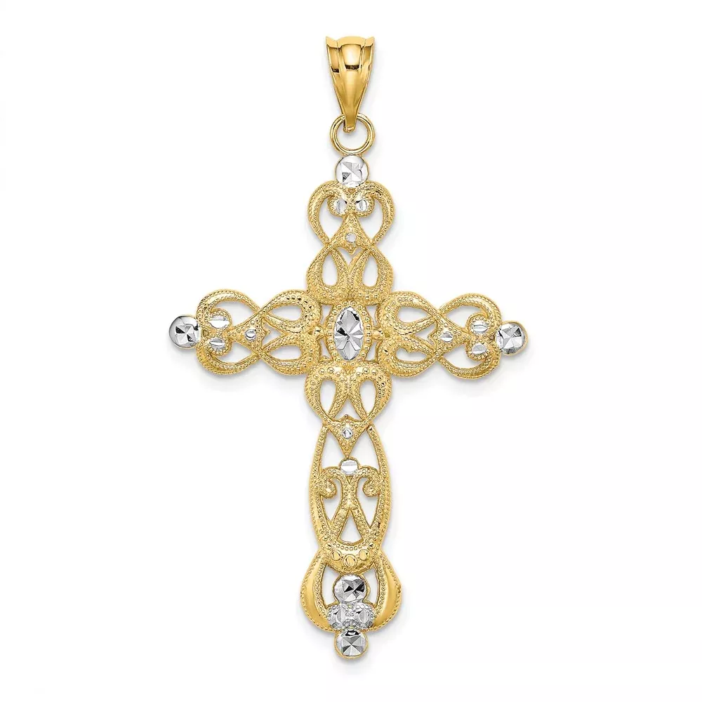 14k Yellow u0026 Rhodium Gold W / Rhodium Scroll Design and D /C Cross Charm