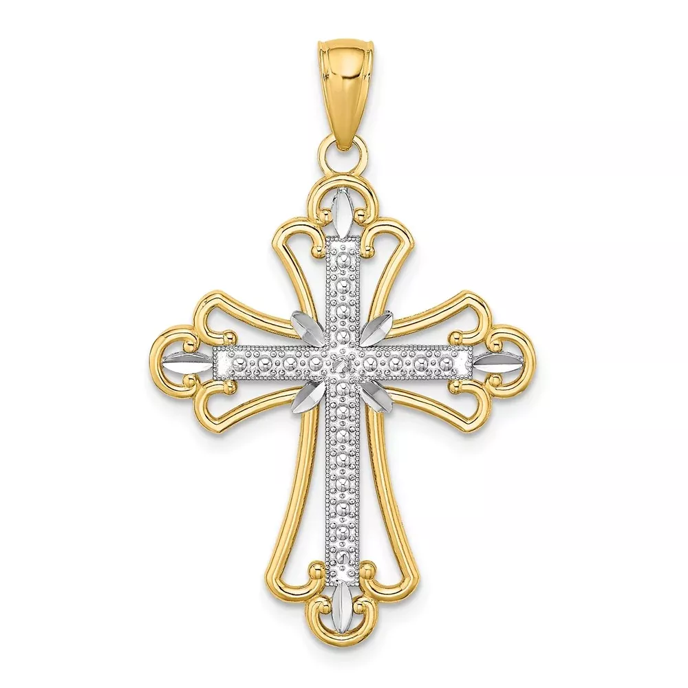 14k Yellow u0026 Rhodium Gold W / Rhodium Textured Block Cross Charm