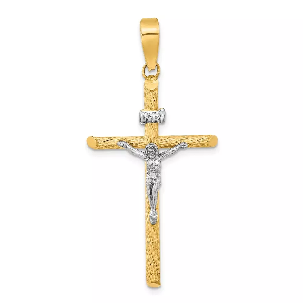 14k Yellow u0026 Rhodium Gold w /White Rhod Polished u0026 Textured INRI Crucifix Cross Pendant