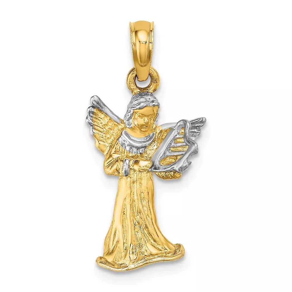 14k Yellow u0026 Rhodium Gold w / White Rhodium 3-D Angel Playing Harp Charm