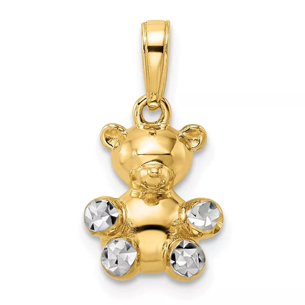 14k Yellow u0026 Rhodium Gold w / White Rhodium 3D Diamond-cut Teddy Bear Pendant
