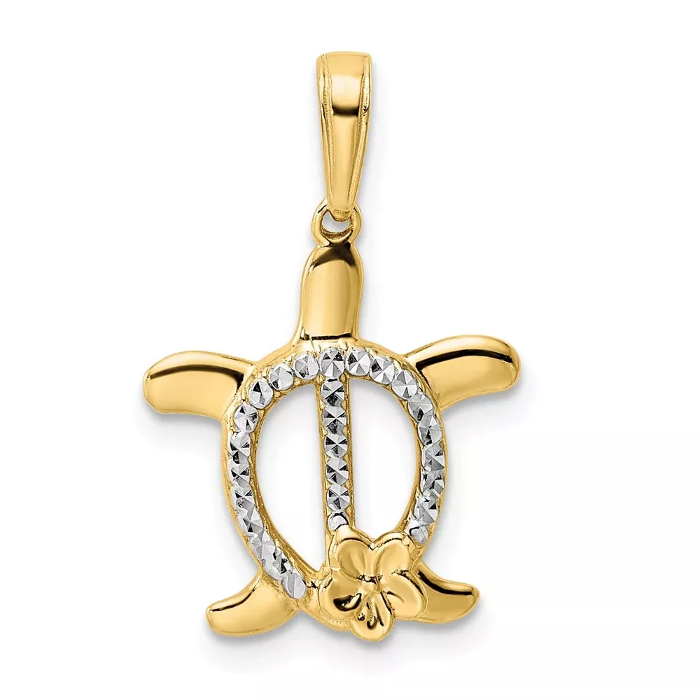 14k Yellow u0026 Rhodium Gold and White Rhodium Diamond-cut Turtle w / Flower Pendant