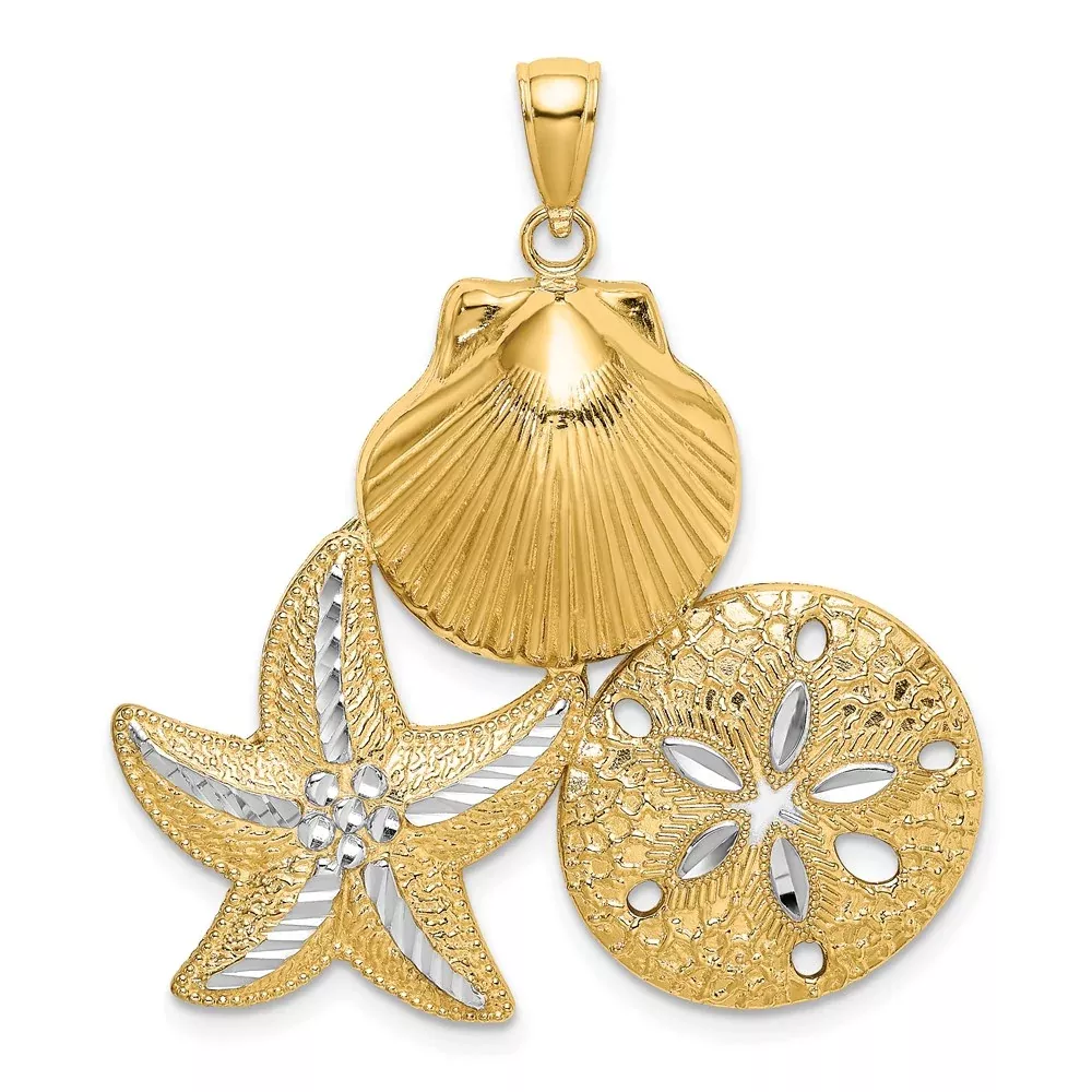 14k Yellow u0026 Rhodium Gold with White Rhodium Diamond-cut Scallop Starfish Sand Dollar Charm