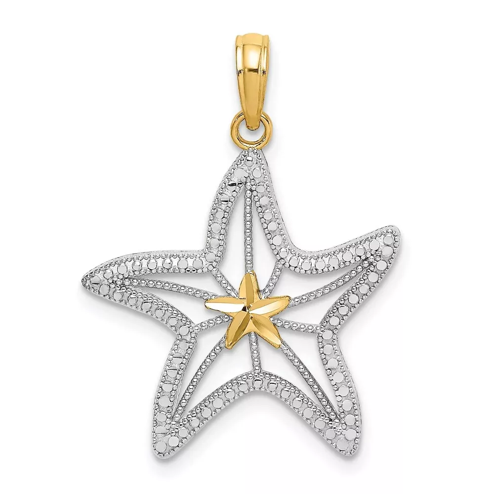 14k Yellow u0026 Rhodium Gold with White Rhodium Diamond-cut Starfish W / Star Charm
