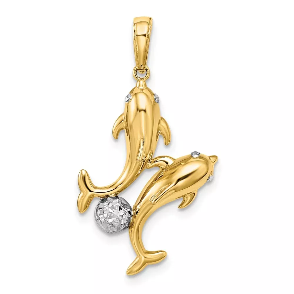 14k Yellow u0026 Rhodium Gold with White Rhodium Double Dolphin Pendant