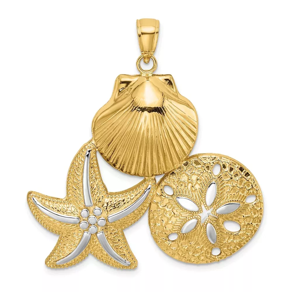 14k Yellow u0026 Rhodium Gold with White Rhodium Scallop Starfish and Sand Dollar Charm
