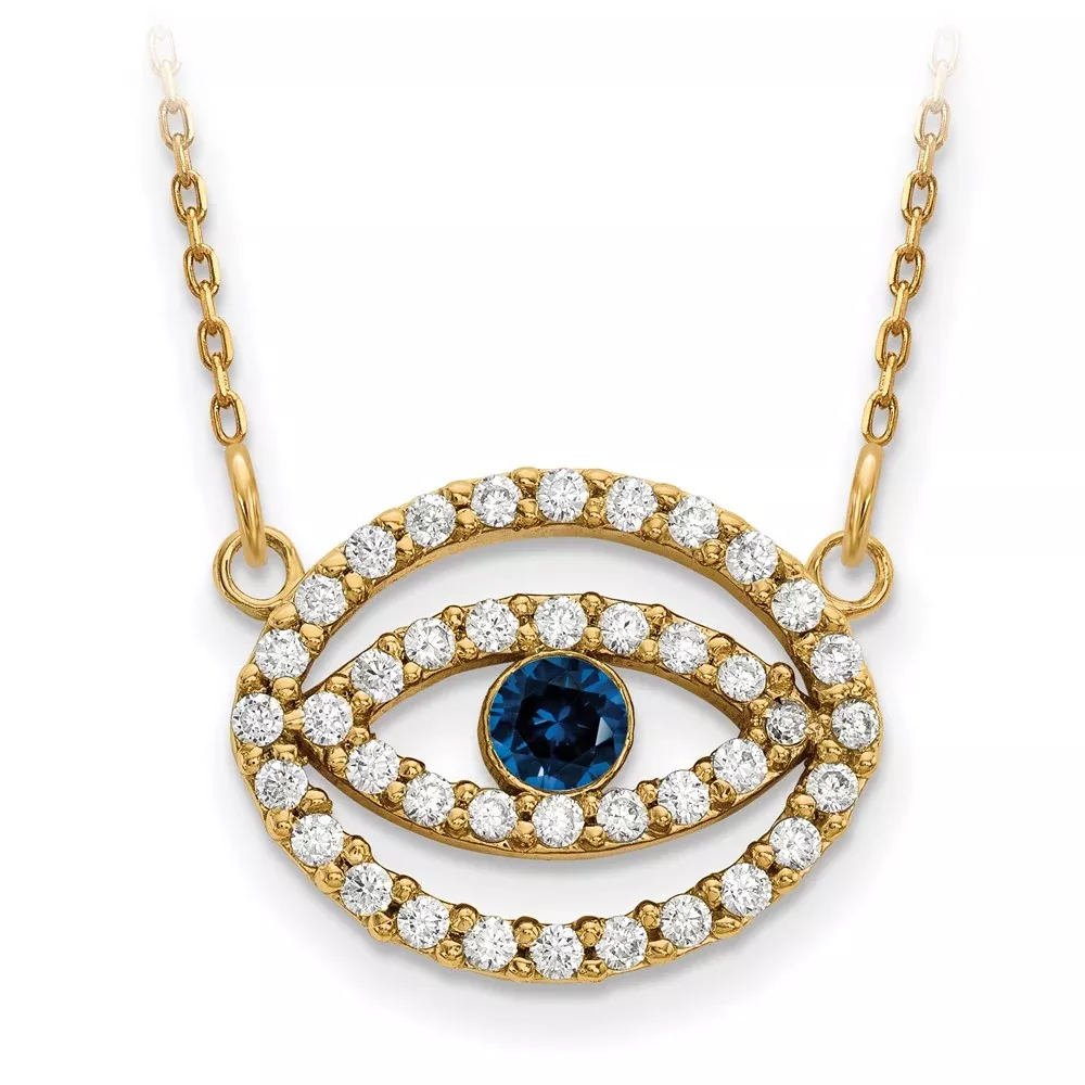 14ky Medium Necklace Diamond and Sapphire Gold Halo Evil Eye