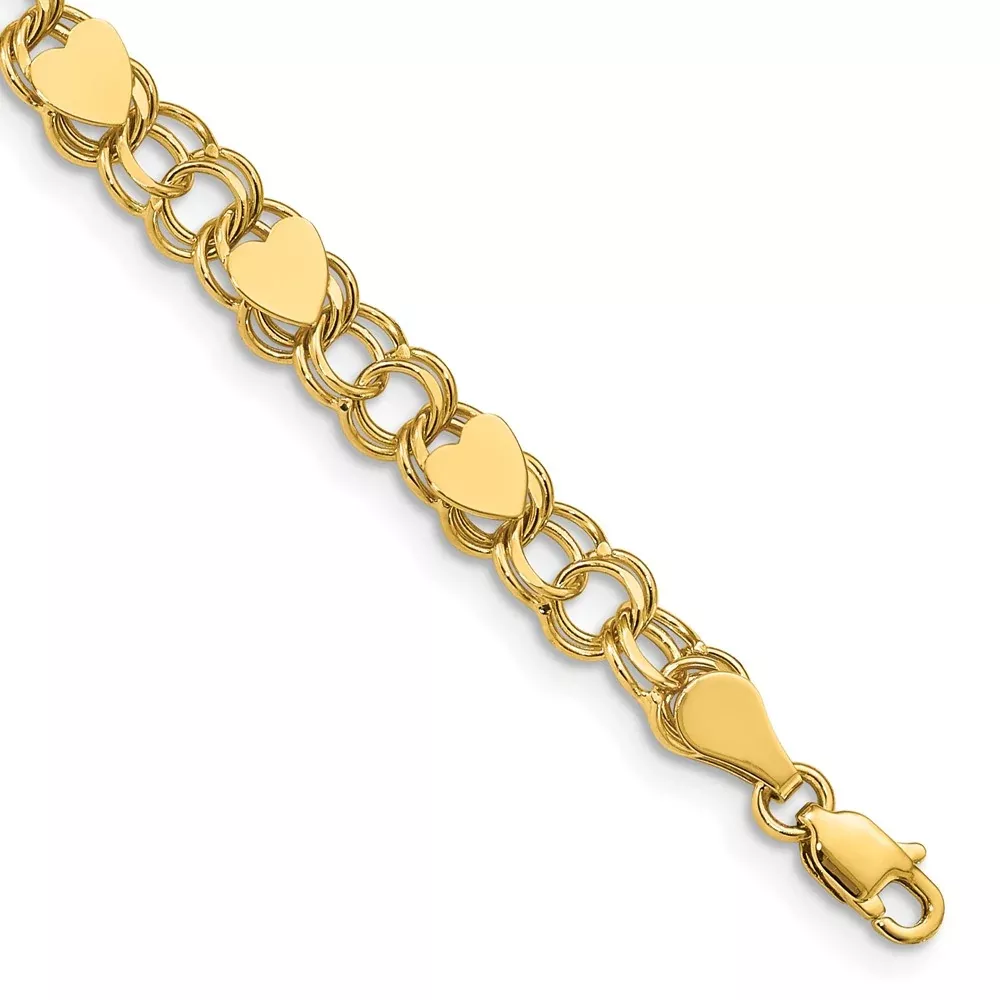 7 Inch 14K Double Link With Hearts Charm Bracelet