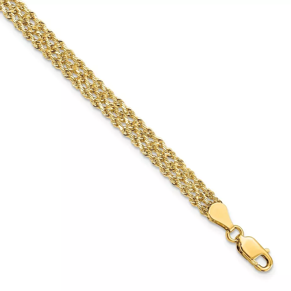 7 Inch 14k Yellow Gold 4.5mm Wide Diamond-Cut Triple Rope Chain Bracelet