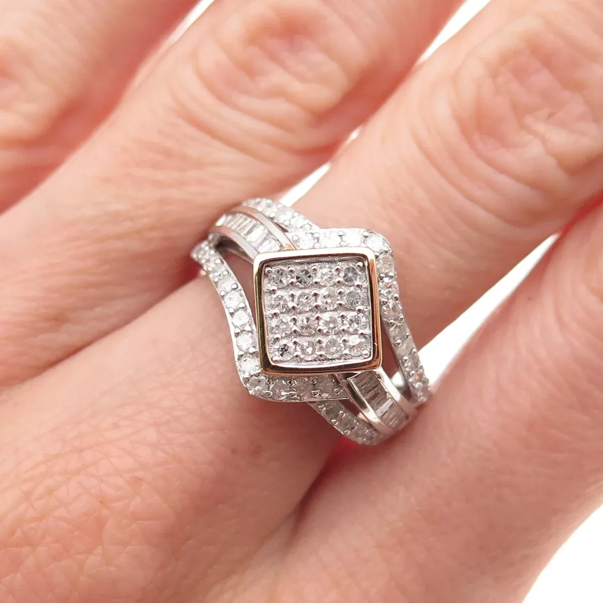 925 Sterling 14K Gold Real Round & Tapered Baguette-Cut Diamond Ring Size 7