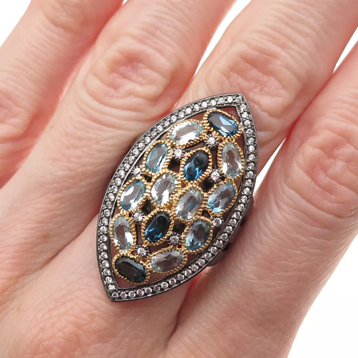 925 Sterling 2-Tone Black Rhodium Real London Blue & White Topaz Ring Size 6.25