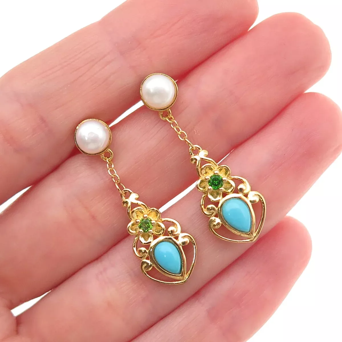 925 Sterling Gold Plated Real Turquoise Pearl & Peridot Floral Dangle Earrings