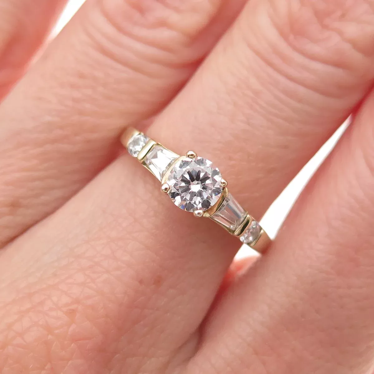 925 Sterling Gold Plated Round & Tapered Baguette-Cut C Z Engagement Ring Size 6