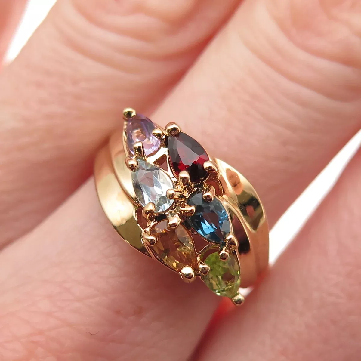 925 Sterling Gold Plated Topaz Amethyst Peridot Citrine & Garnet Ring Size 6.75