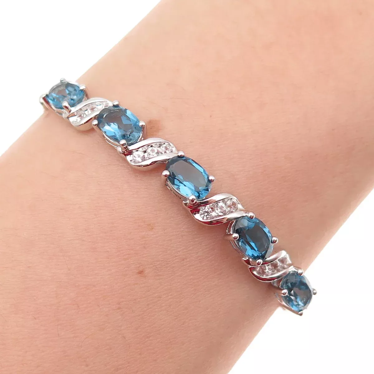 925 Sterling Real London Blue & White Topaz Adjustable Bolo Bracelet 7-9.75