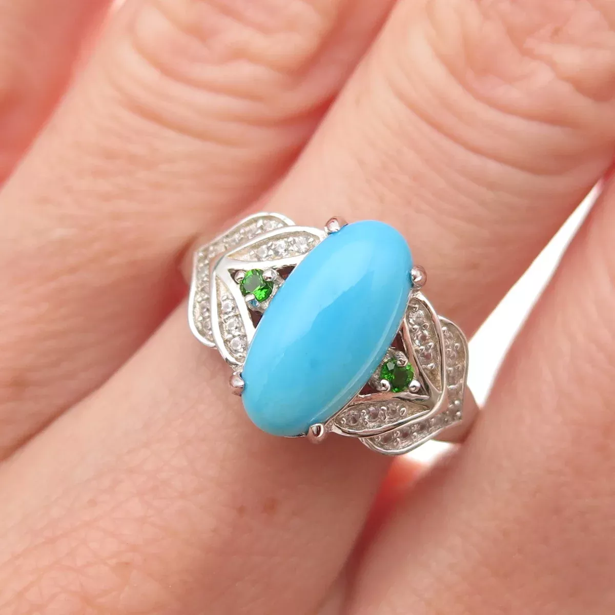 925 Sterling Real Sleeping Beauty Turquoise White Topaz & Peridot Ring Size 8.25