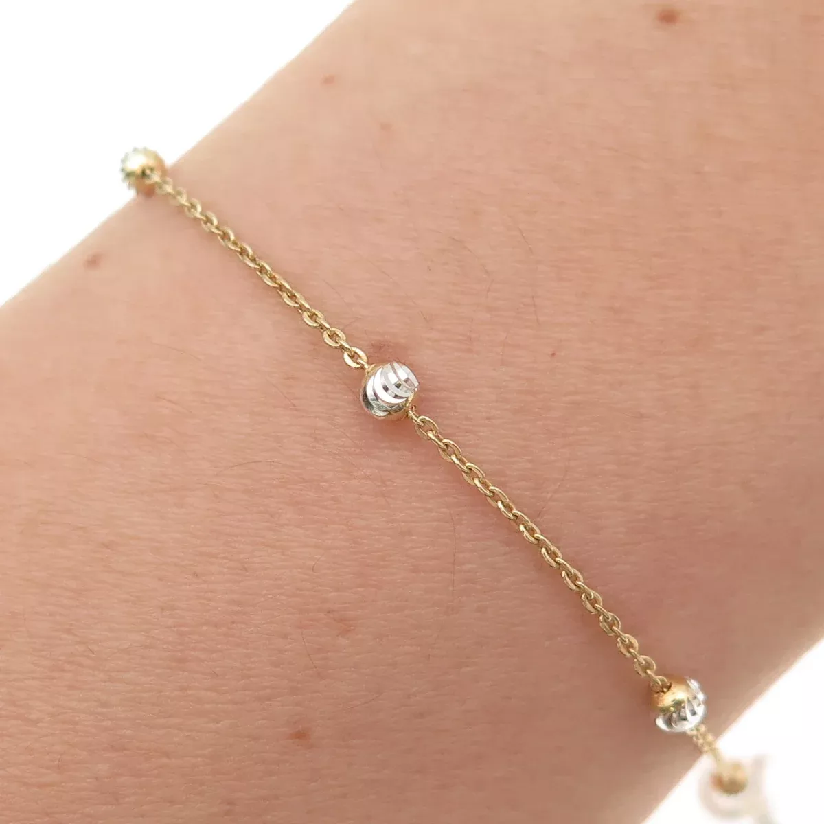925 Sterling Silver 2-Tone Diamond-Cut Bead Station Cable Link Bracelet 7