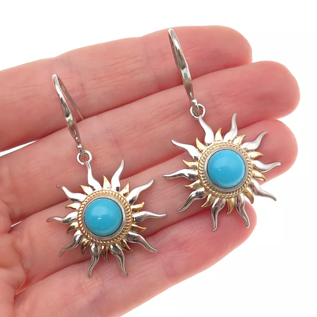 925 Sterling Silver 2-Tone Real Sleeping Beauty Turquoise Sun Dangle Earrings