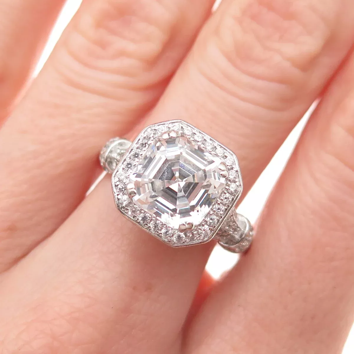 925 Sterling Silver Asscher & Round-Cut C Z Engagement Ring Size 8.25