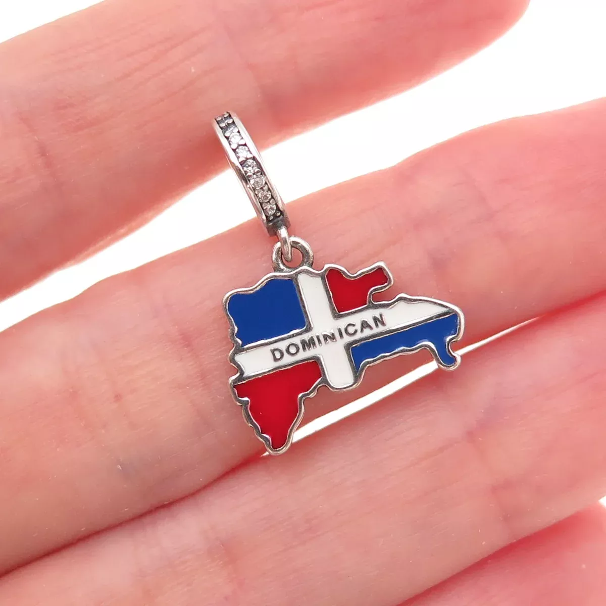 925 Sterling Silver C Z & Enamel Dominican Republic Flag/ Map Dangle Charm