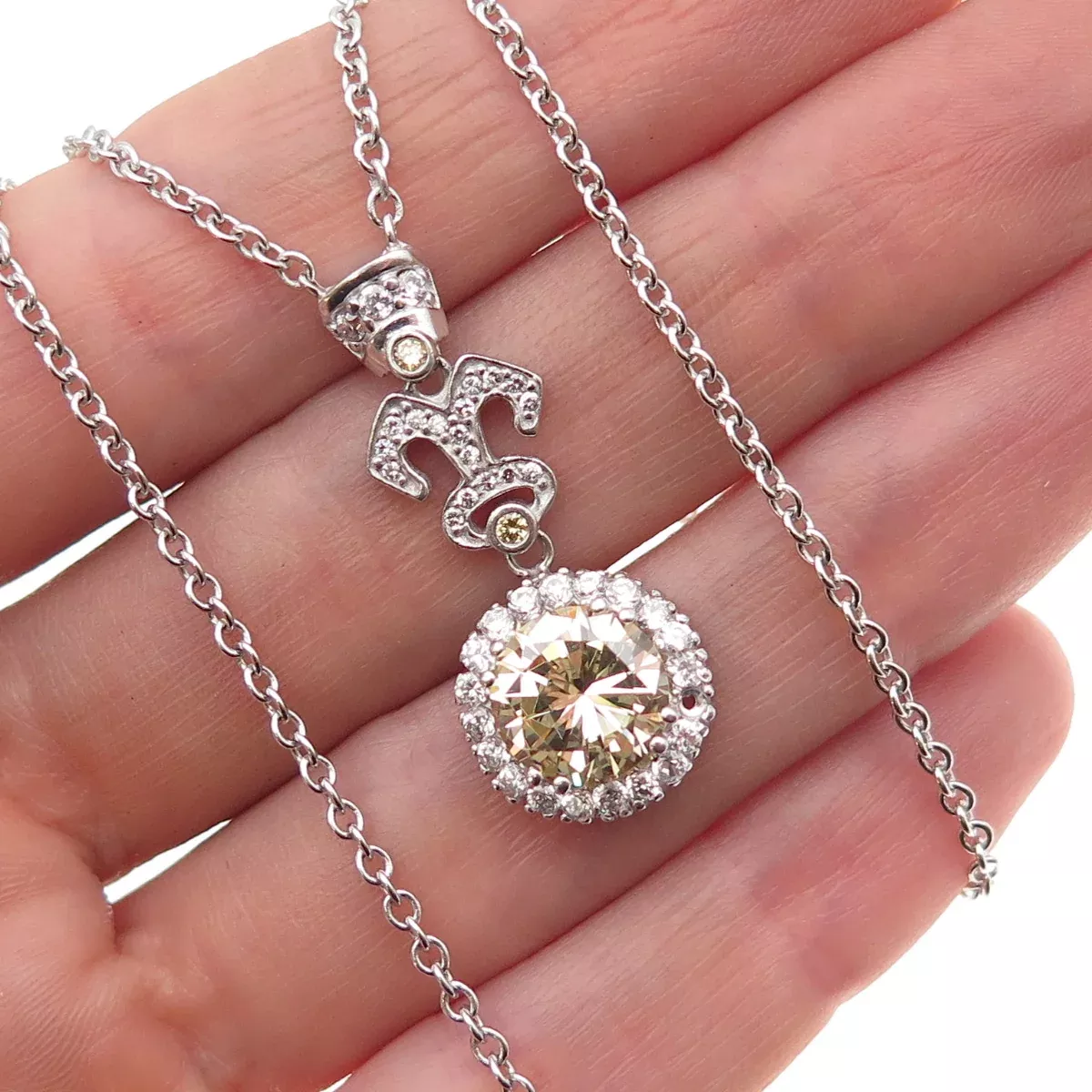 925 Sterling Silver Champagne & White C Z Cable Chain Necklace 16
