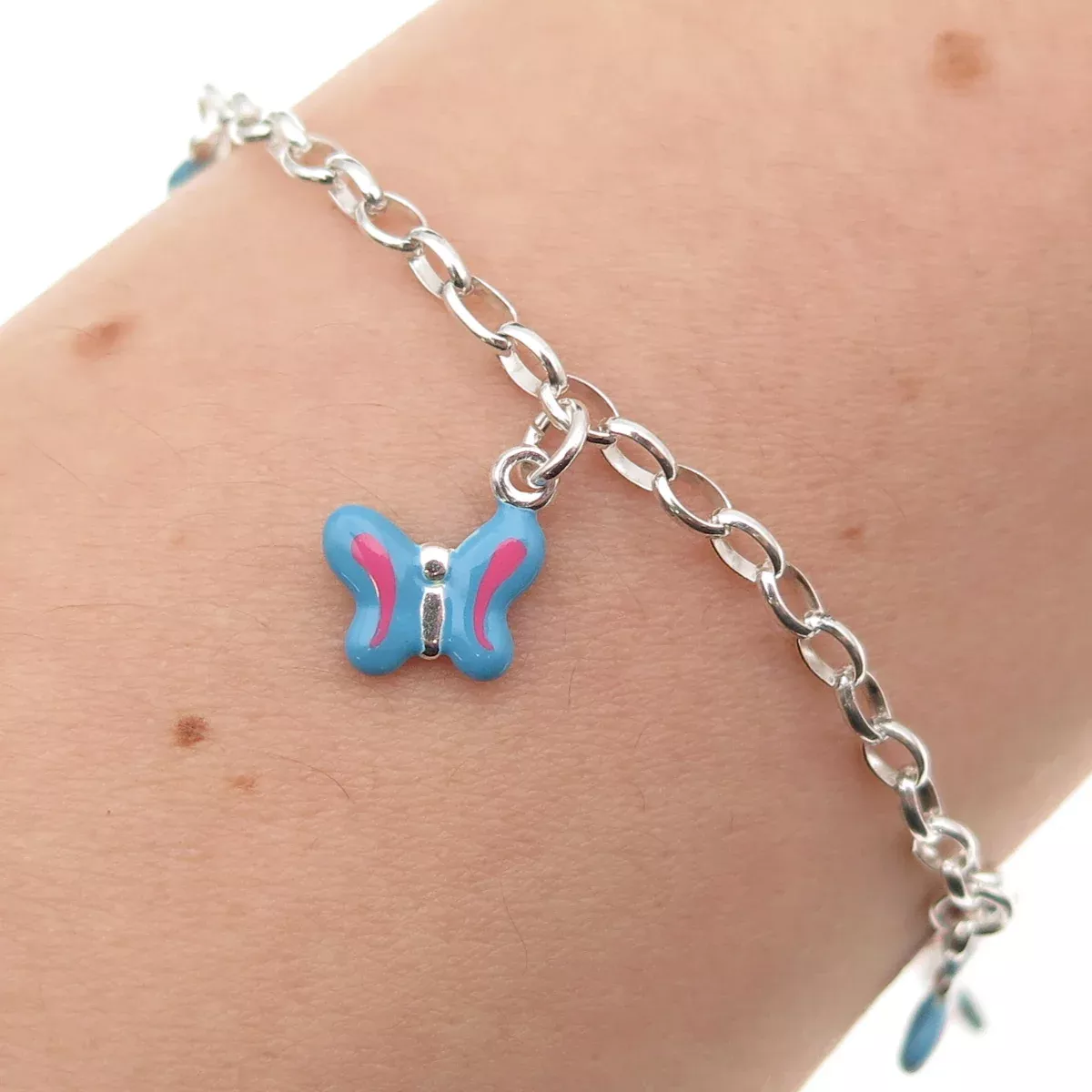 925 Sterling Silver Enamel Butterfly Dangle Charm Oval Link Bracelet 6