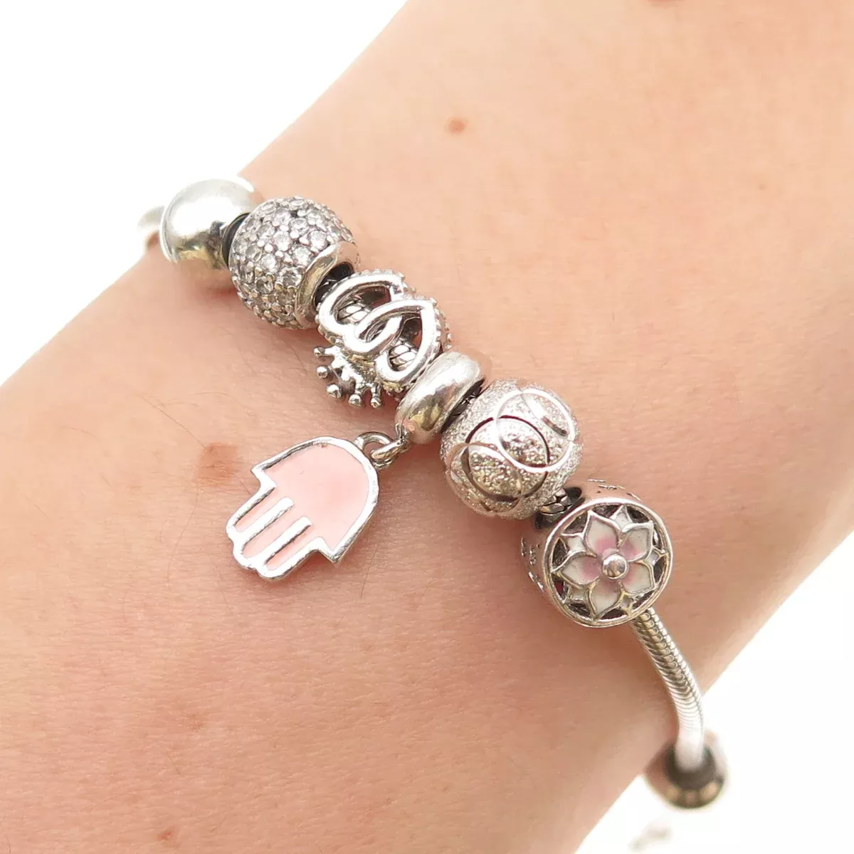 925 Sterling Silver Enamel & C Z Hamsa Multi-Charm Snake Link Bracelet 7