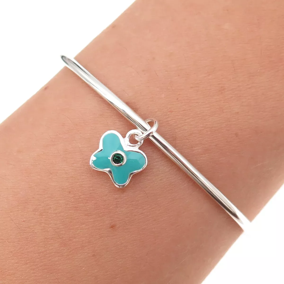 925 Sterling Silver Enamel Green Crystal Butterfly Adjustable Bracelet 5.75