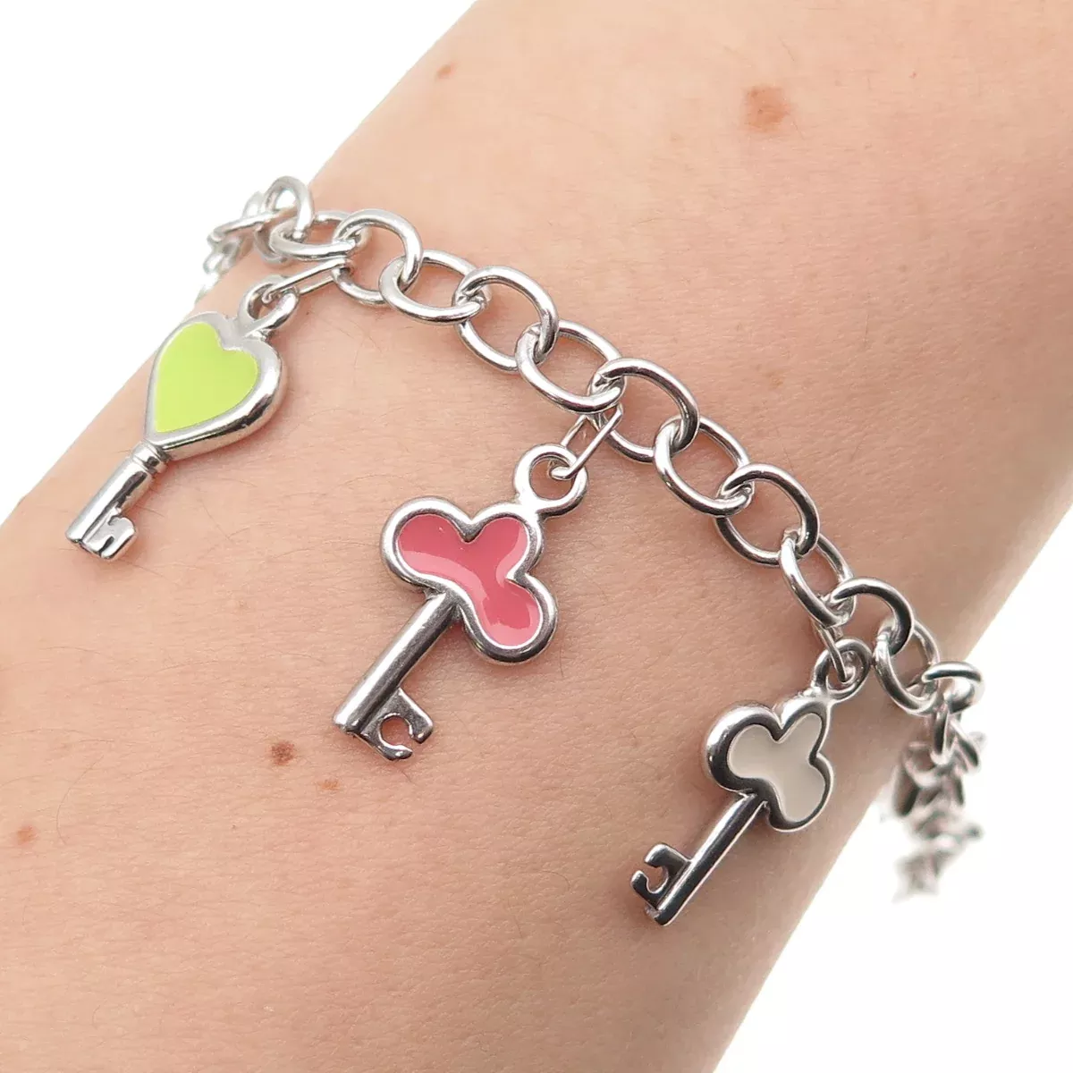 925 Sterling Silver Enamel Hearts & Clubs Key Dangle Charm Bracelet 7