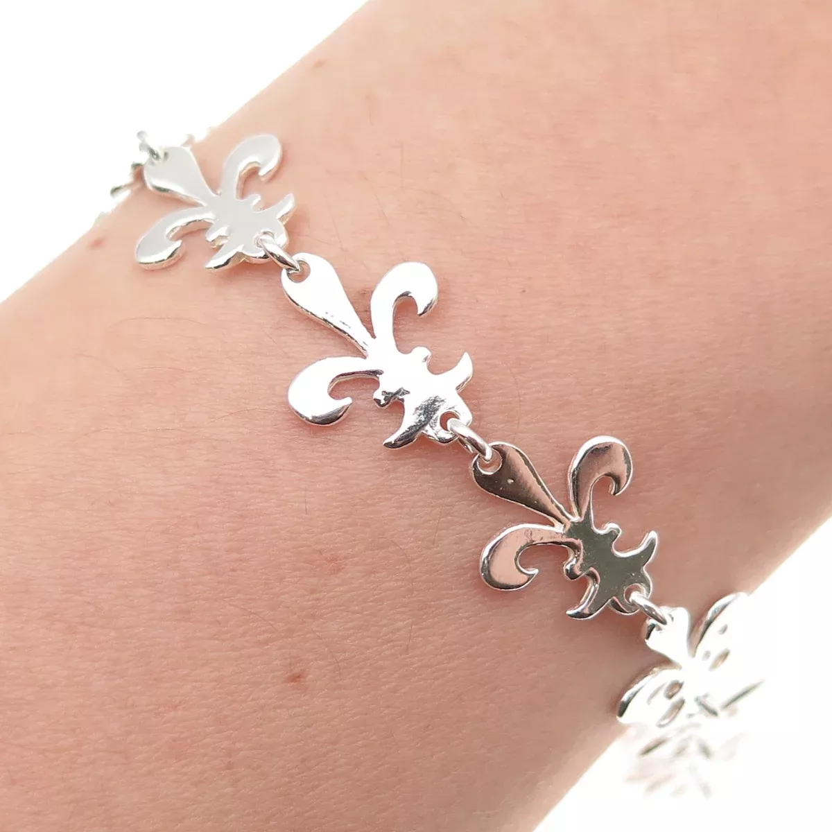 925 Sterling Silver Fleur de Lis Link Bracelet 7.25