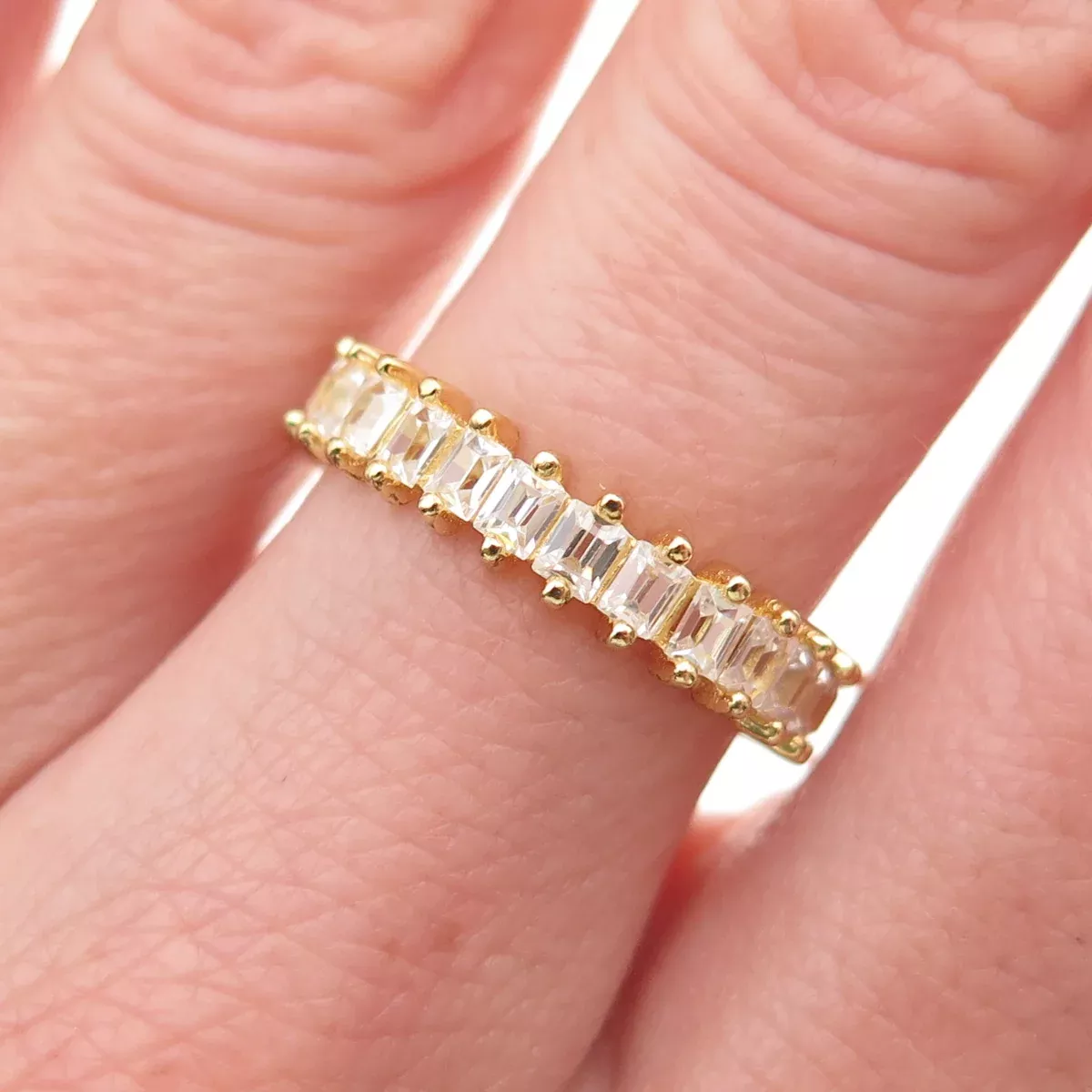 925 Sterling Silver Gold Plated Emerald-Cut C Z Eternity Band Ring Size 6.5