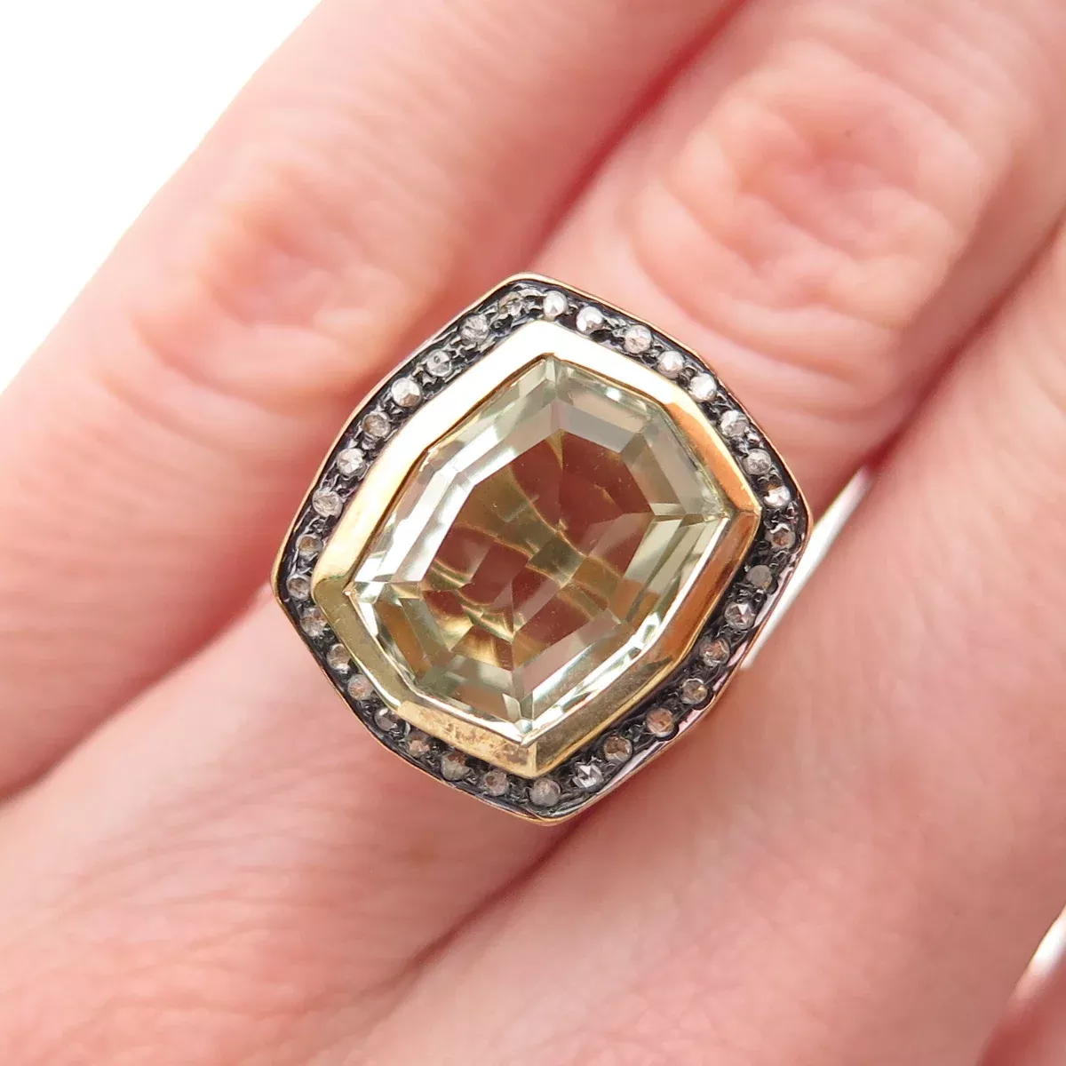 925 Sterling Silver Gold Plated Real Diamond & Green Amethyst Ring Size 4.75