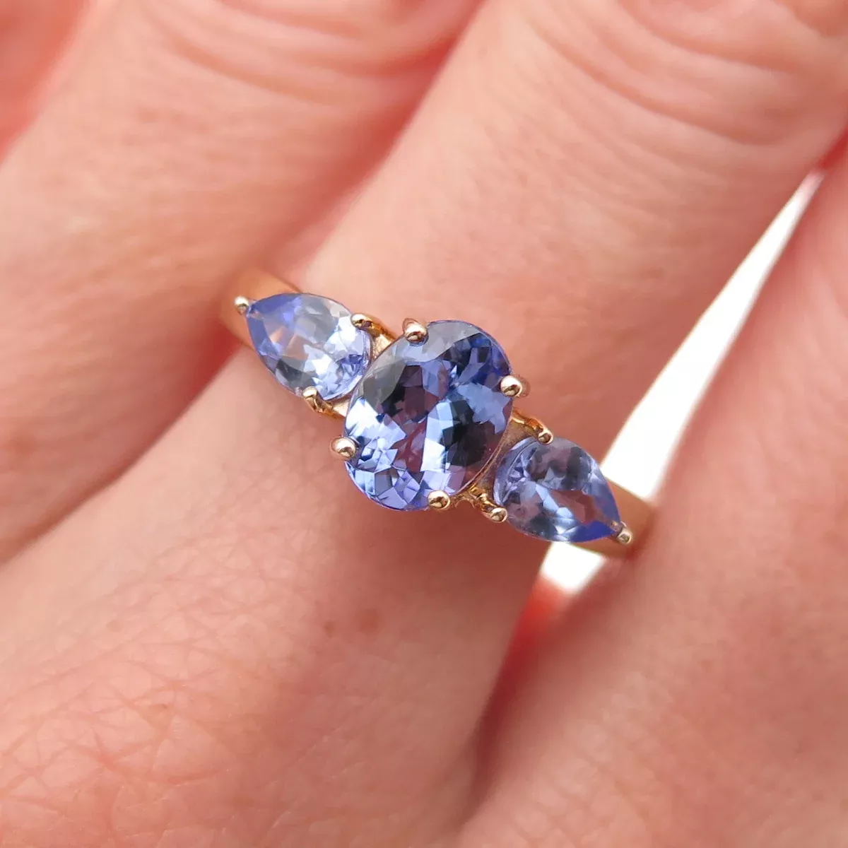 925 Sterling Silver Gold Plated Real Oval & Pear-Cut Tanzanite Ring Size 8